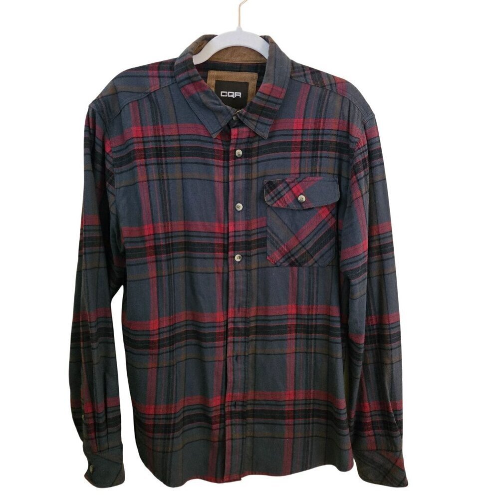 CQR Sustainable Cotton Plaid Flannel Shirt Size L Soft Dark Academia Plaid Flann